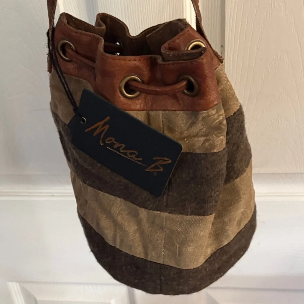Mona B Brown and Tan Striped Suede Drawstring Messenger Bag